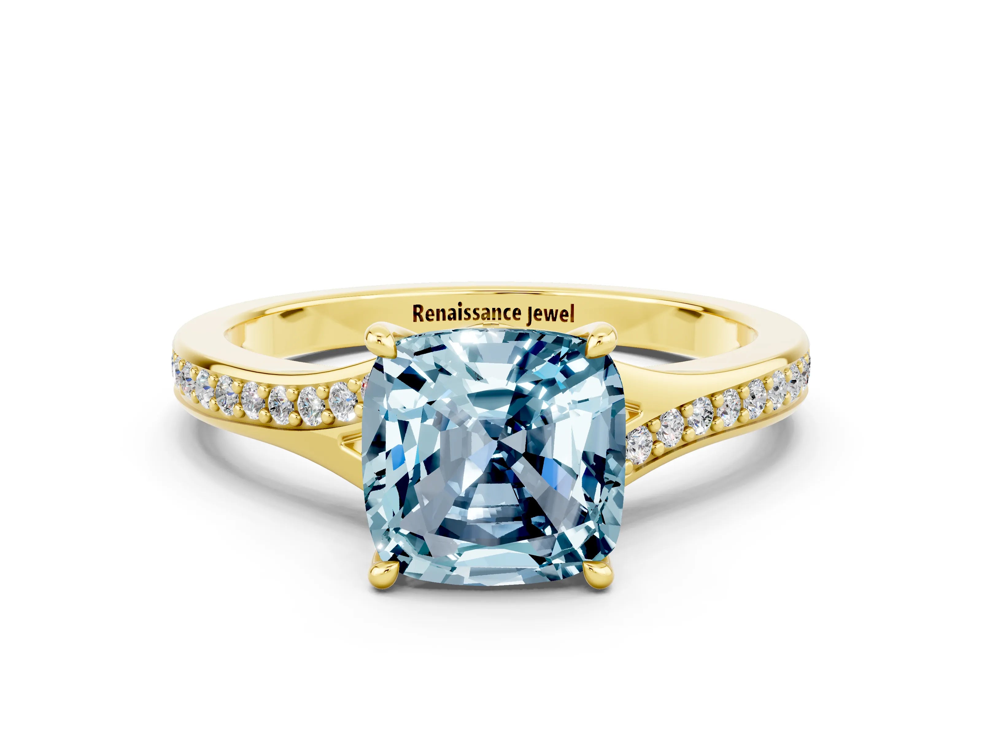 Yellow gold Cushion Cut Aquamarine Solitaire Ring with Pavé Band and Prong Setting_12