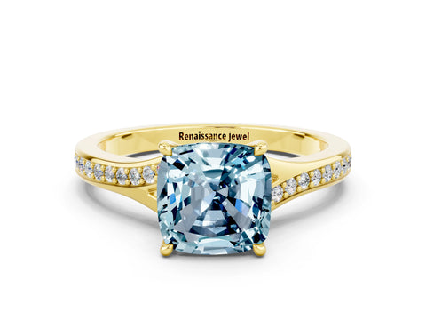 Yellow gold Cushion Cut Aquamarine Solitaire Ring with Pavé Band and Prong Setting_12