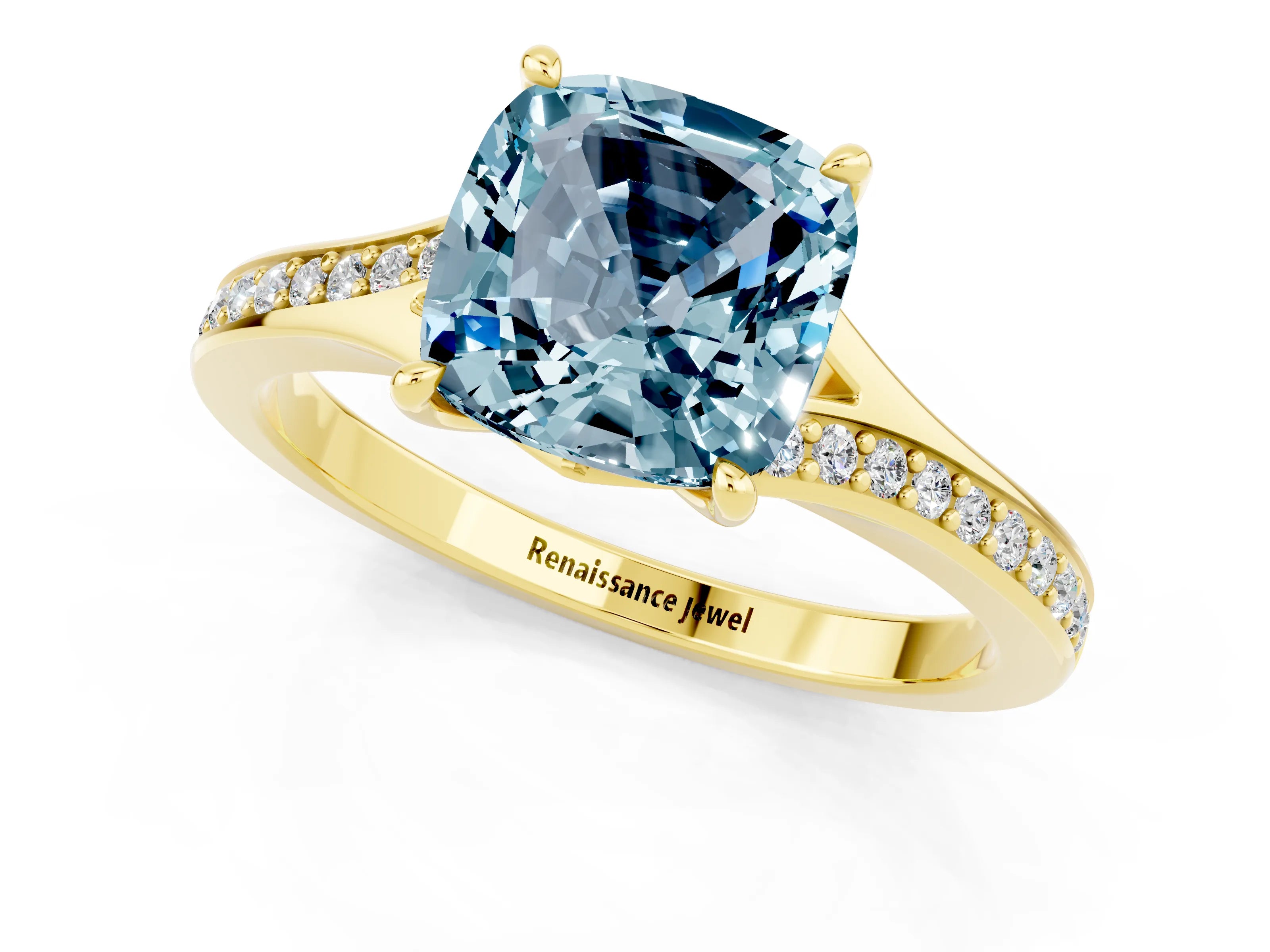 Yellow gold Cushion Cut Aquamarine Solitaire Ring with Pavé Band and Prong Setting_13