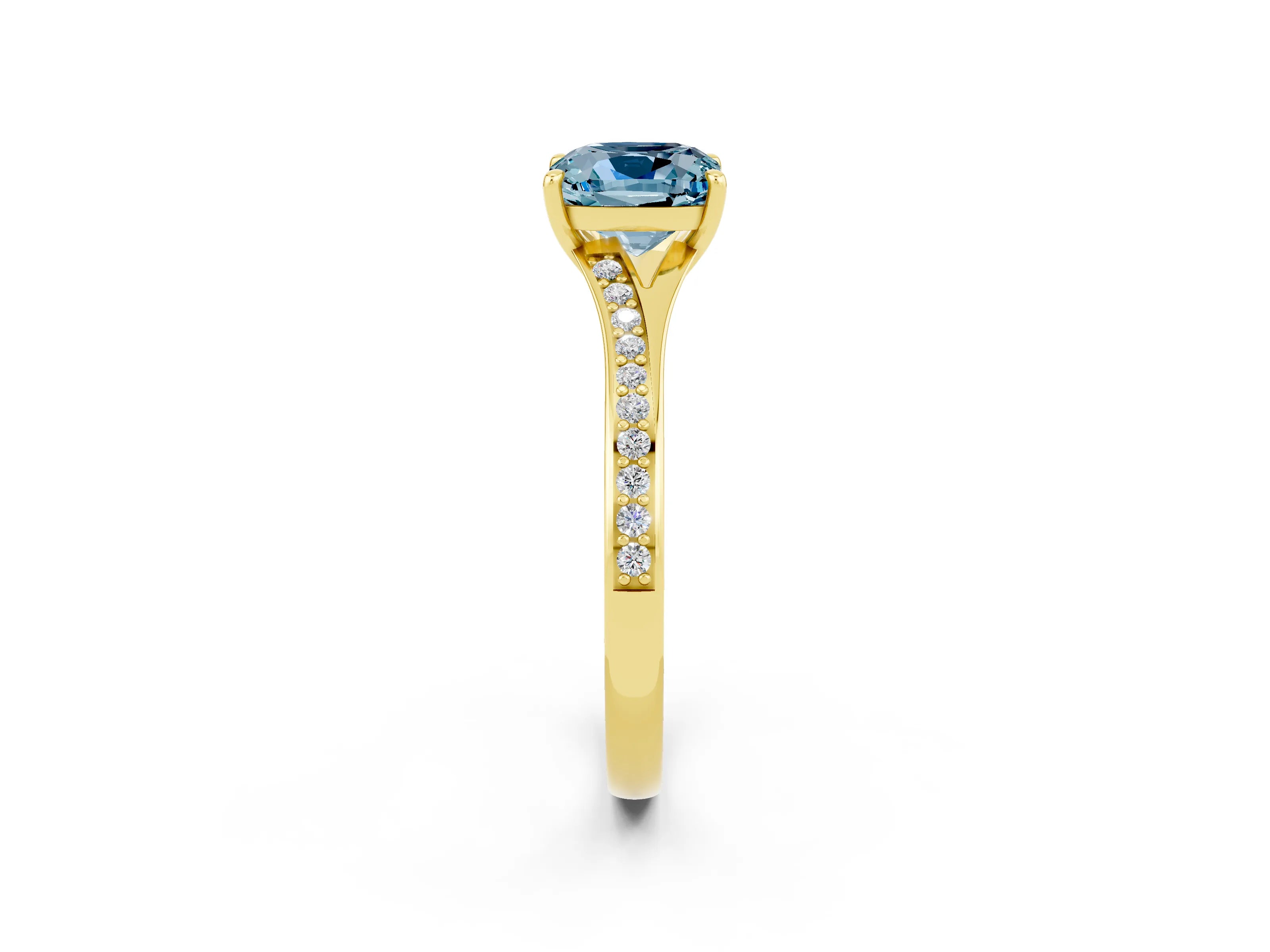 Yellow gold Cushion Cut Aquamarine Solitaire Ring with Pavé Band and Prong Setting_14