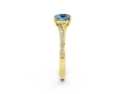 Yellow gold Cushion Cut Aquamarine Solitaire Ring with Pavé Band and Prong Setting_14