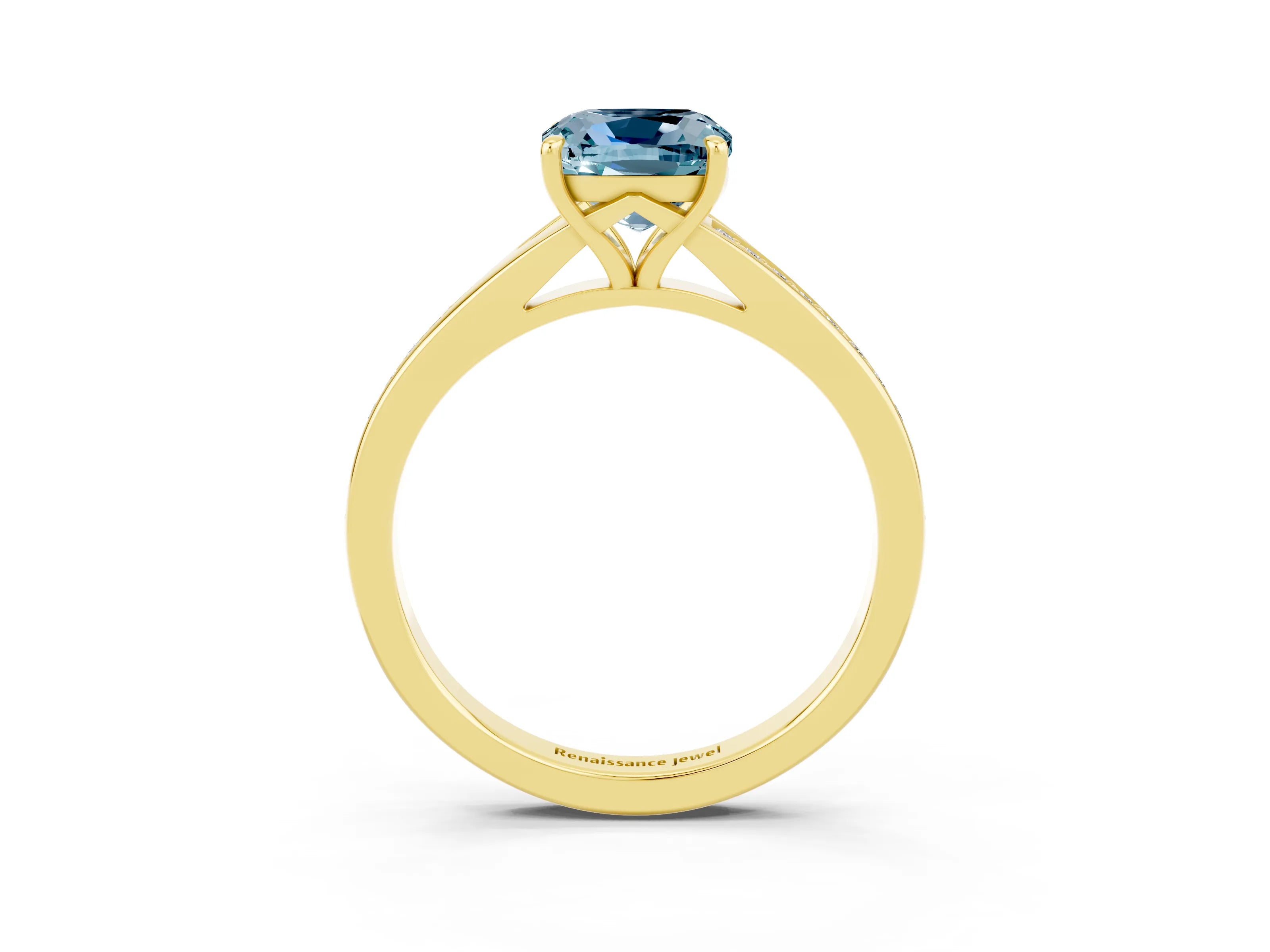 Yellow gold Cushion Cut Aquamarine Solitaire Ring with Pavé Band and Prong Setting_15