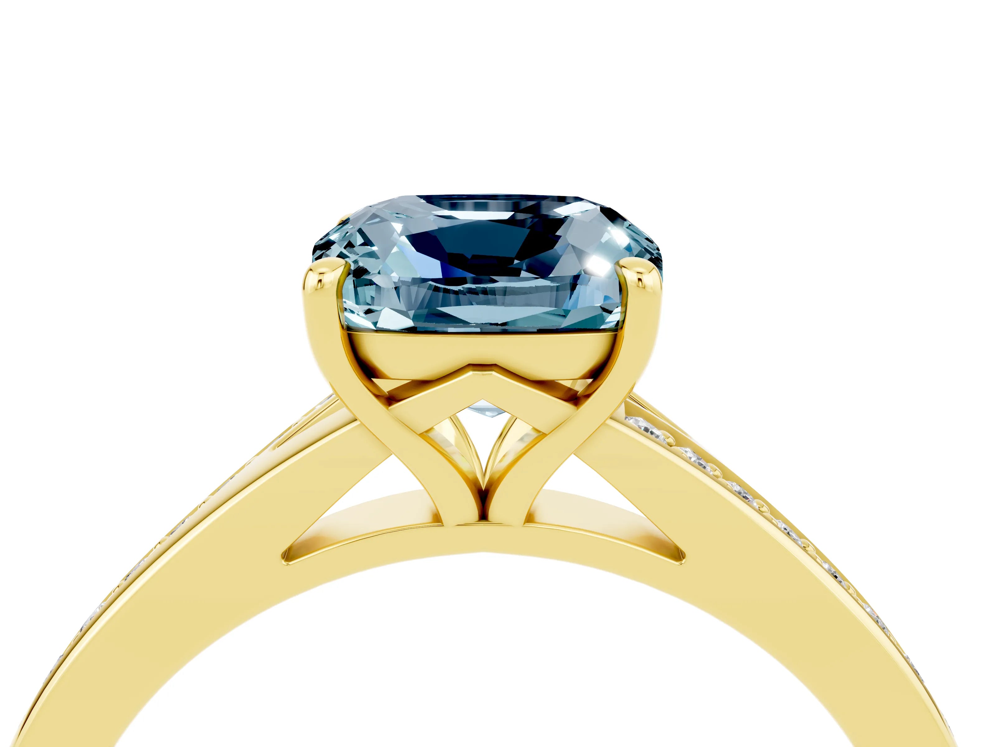 Yellow gold Cushion Cut Aquamarine Solitaire Ring with Pavé Band and Prong Setting_16