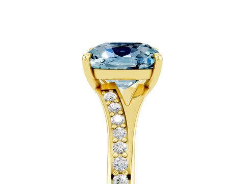 Yellow gold Cushion Cut Aquamarine Solitaire Ring with Pavé Band and Prong Setting_17