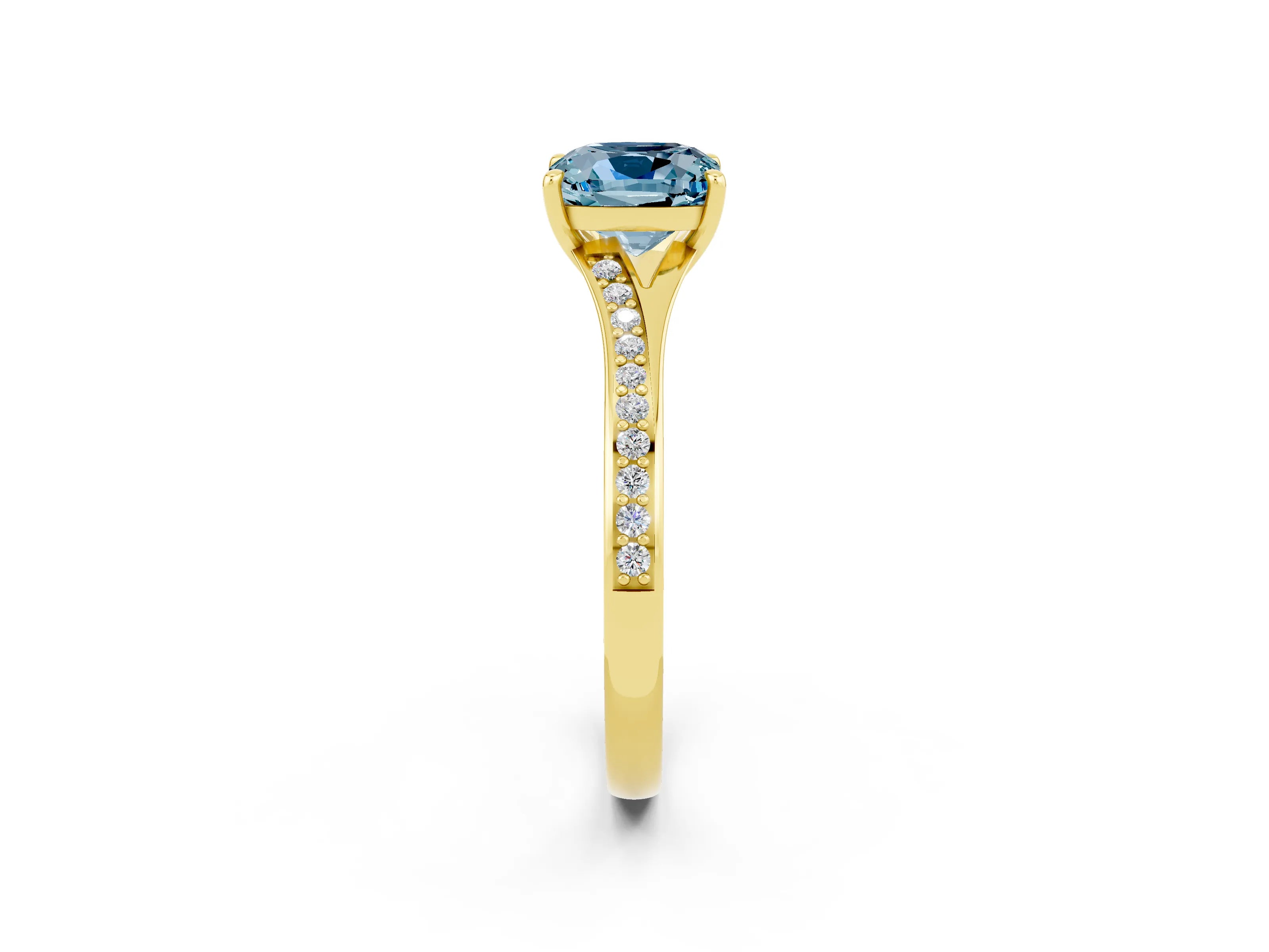 Yellow gold Cushion Cut Aquamarine Solitaire Ring with Pavé Band and Prong Setting_2
