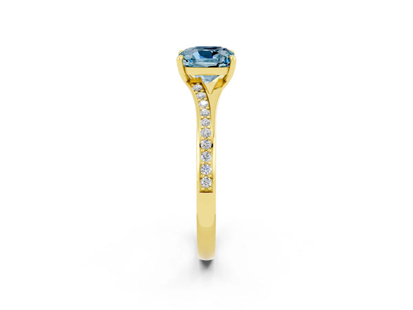 Yellow gold Cushion Cut Aquamarine Solitaire Ring with Pavé Band and Prong Setting