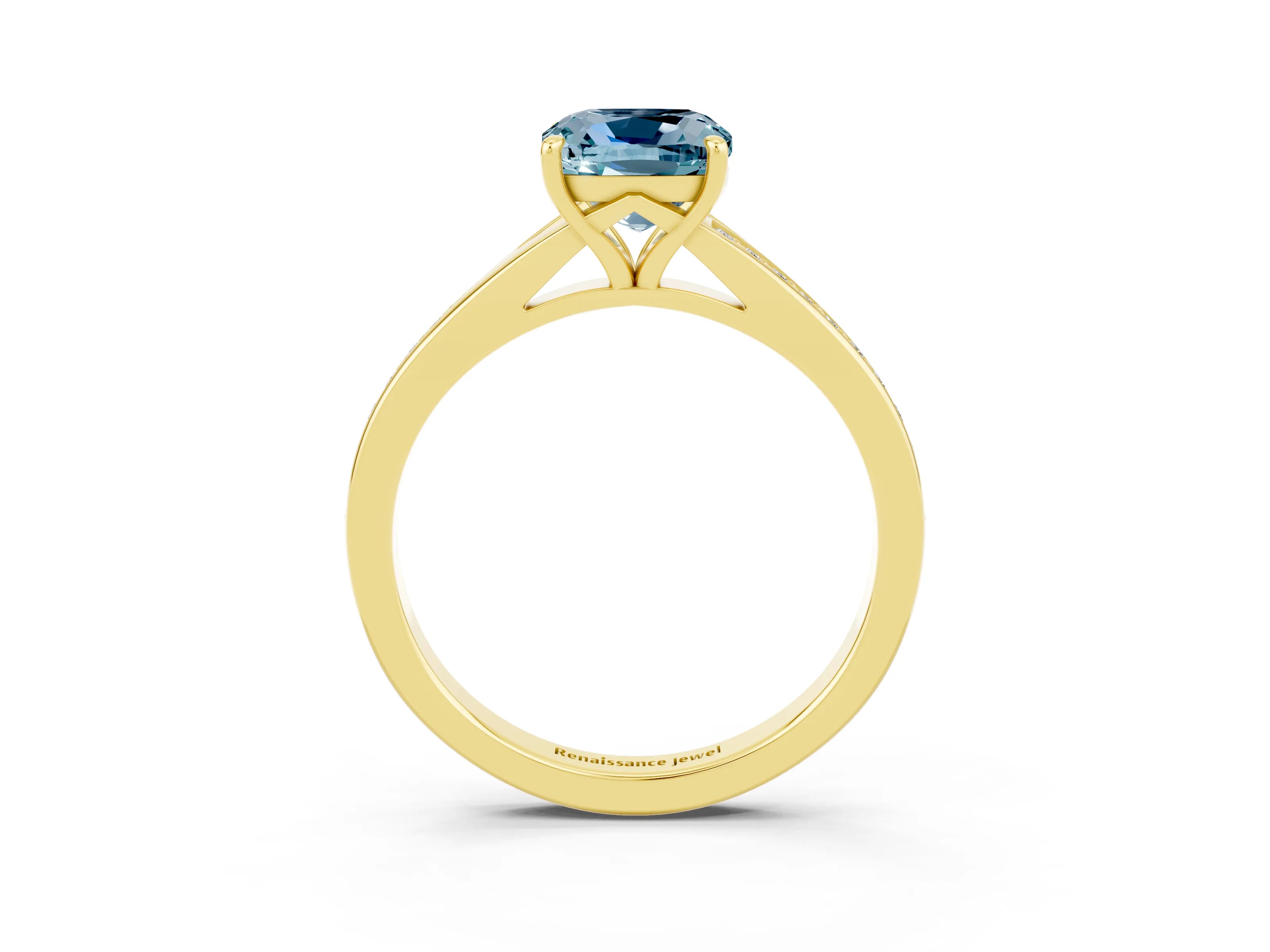 Yellow gold Cushion Cut Aquamarine Solitaire Ring with Pavé Band and Prong Setting_3