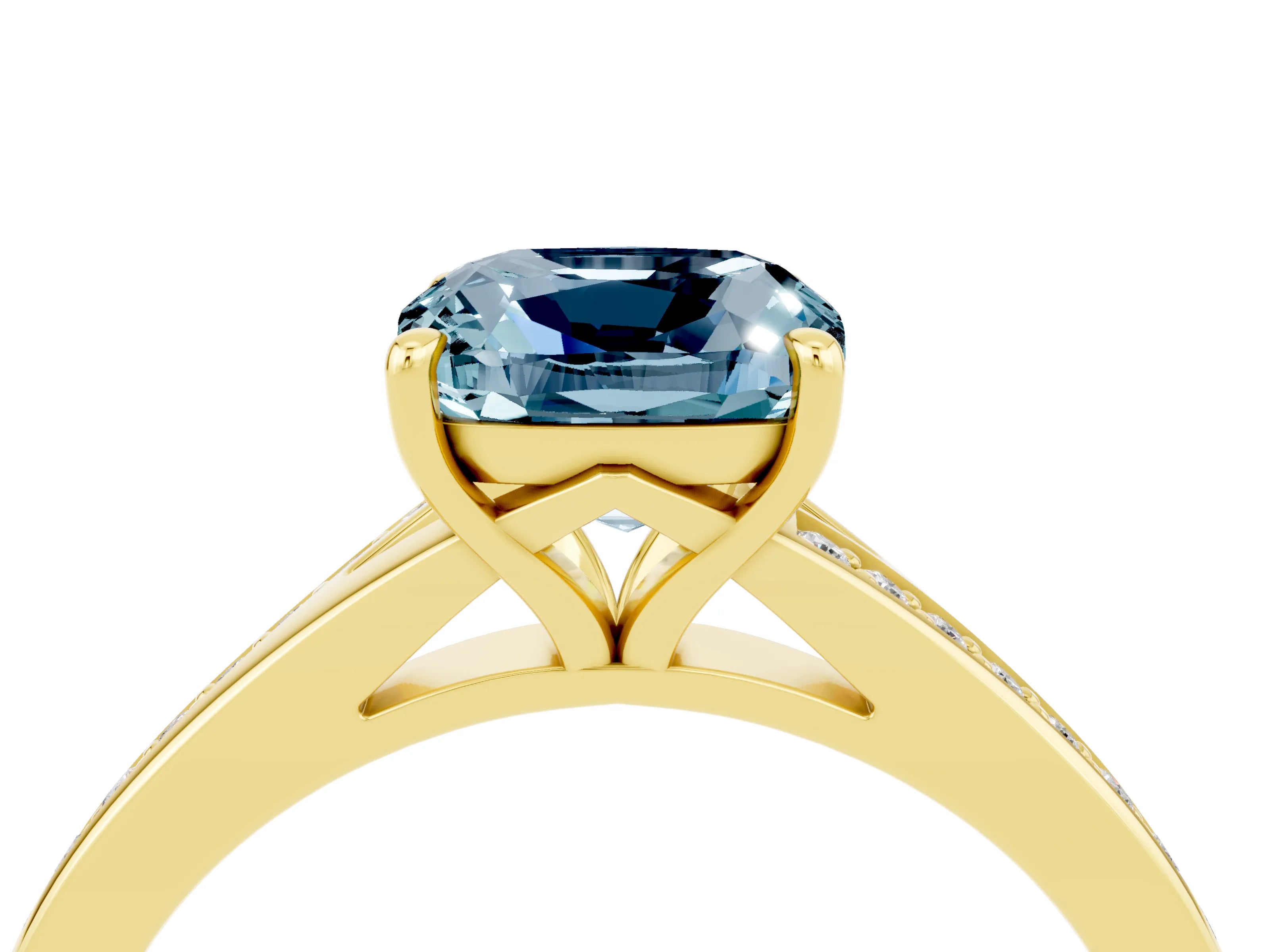 Yellow gold Cushion Cut Aquamarine Solitaire Ring with Pavé Band and Prong Setting_4