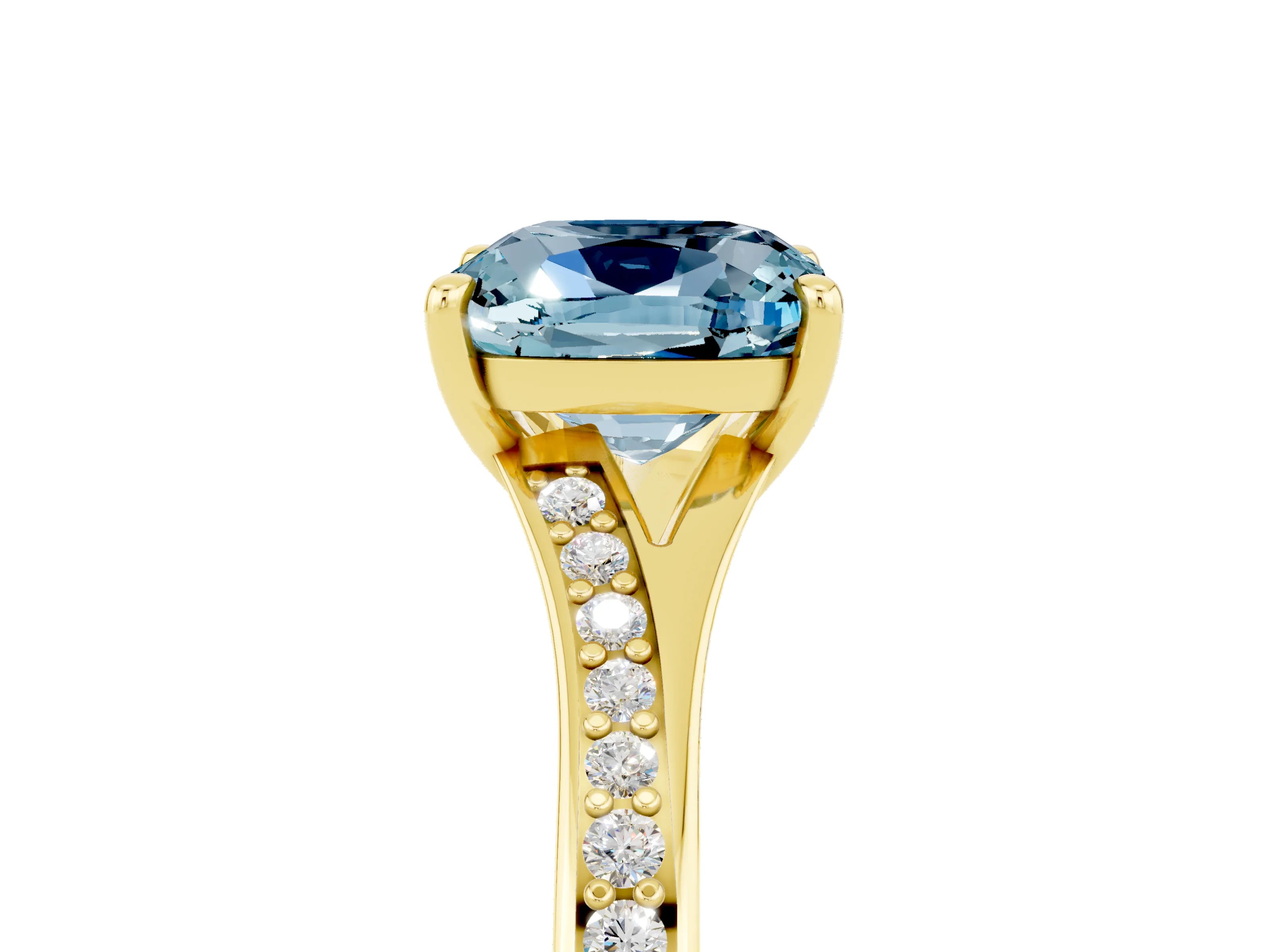 Yellow gold Cushion Cut Aquamarine Solitaire Ring with Pavé Band and Prong Setting_5