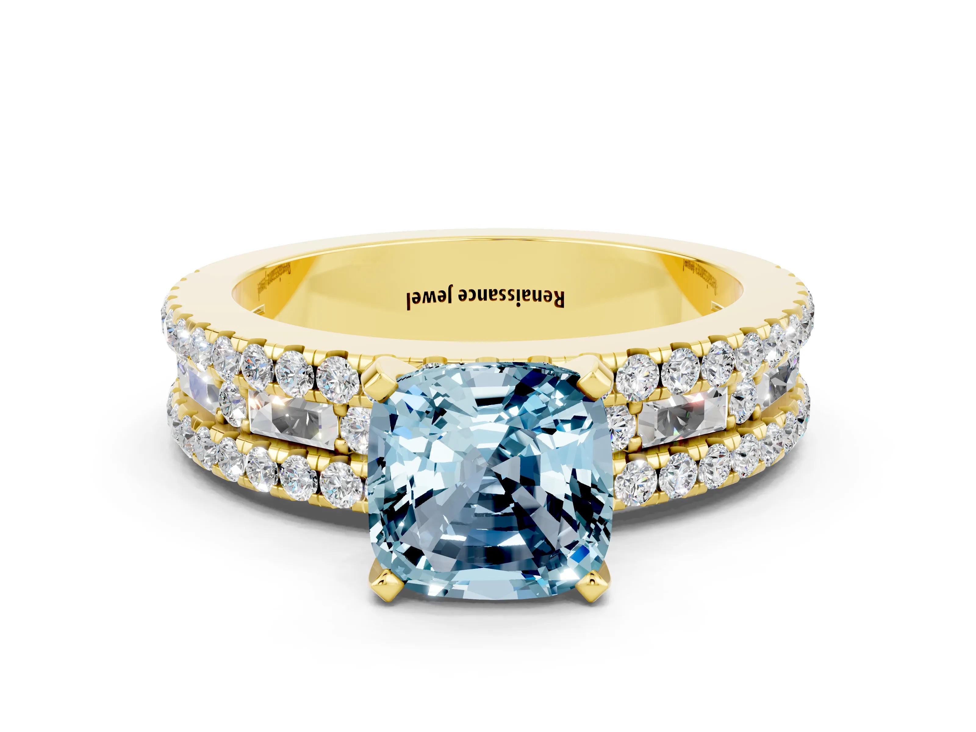 Yellow gold Cushion Cut Aquamarine Solitaire Ring with Pavé and Channel Set Band