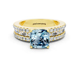 Yellow gold Cushion Cut Aquamarine Solitaire Ring with Pavé and Channel Set Band