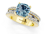 Yellow gold Cushion Cut Aquamarine Solitaire Ring with Pavé and Channel Set Band_1