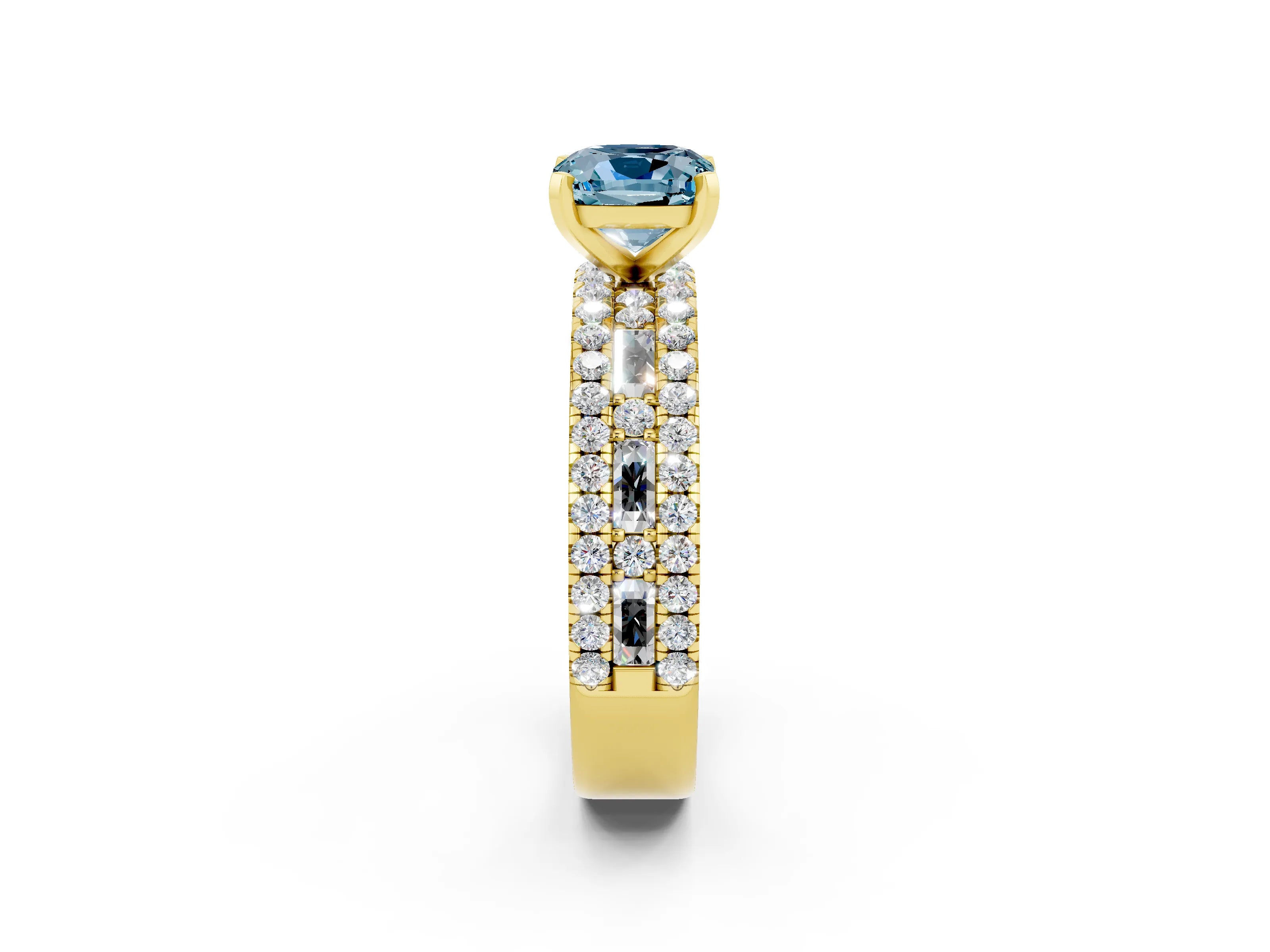 Yellow gold Cushion Cut Aquamarine Solitaire Ring with Pavé and Channel Set Band_2