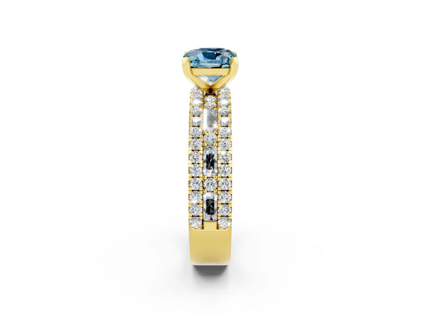 Yellow gold Cushion Cut Aquamarine Solitaire Ring with Pavé and Channel Set Band