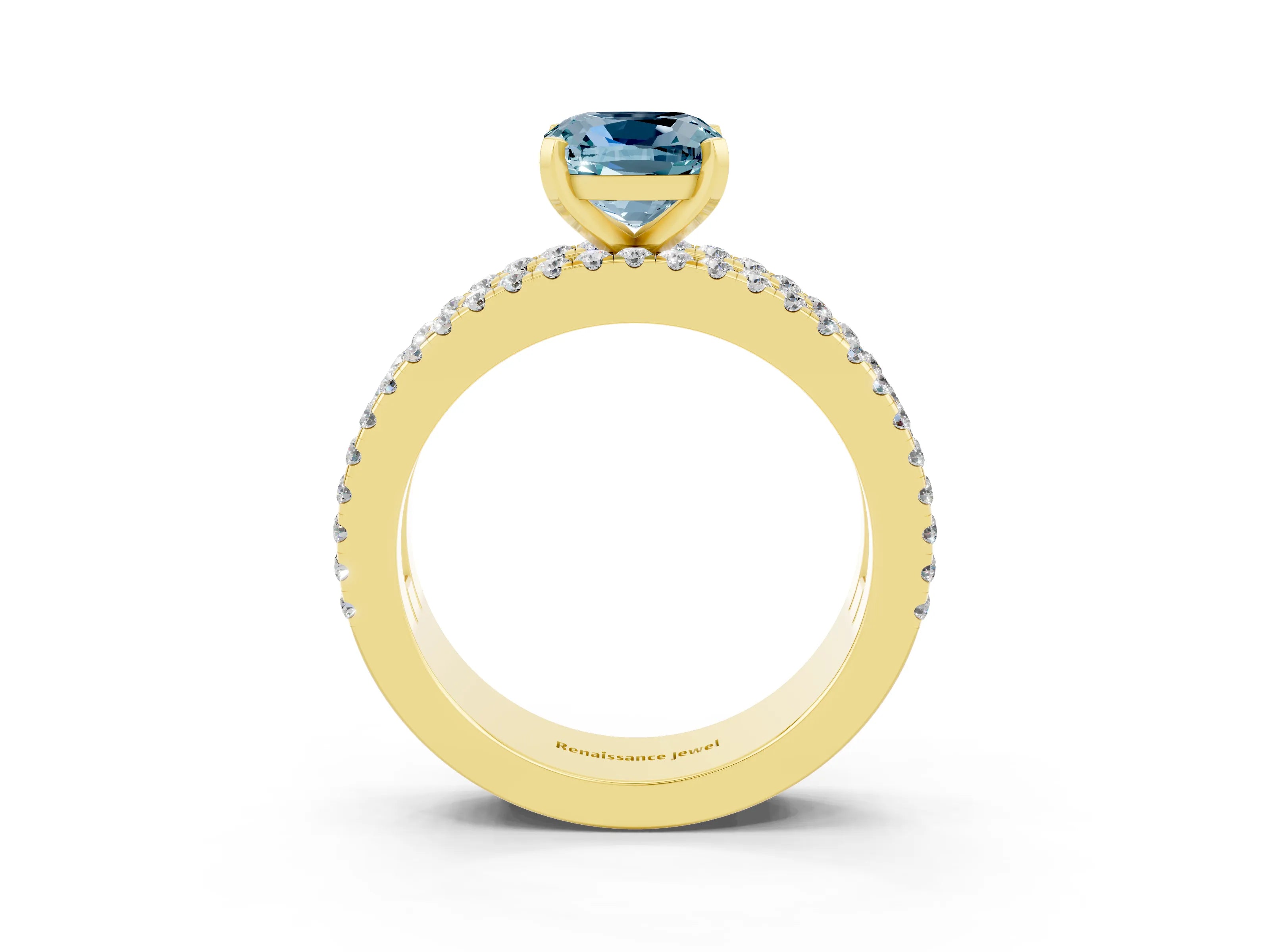 Yellow gold Cushion Cut Aquamarine Solitaire Ring with Pavé and Channel Set Band_3