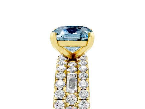 Yellow gold Cushion Cut Aquamarine Solitaire Ring with Pavé and Channel Set Band_5