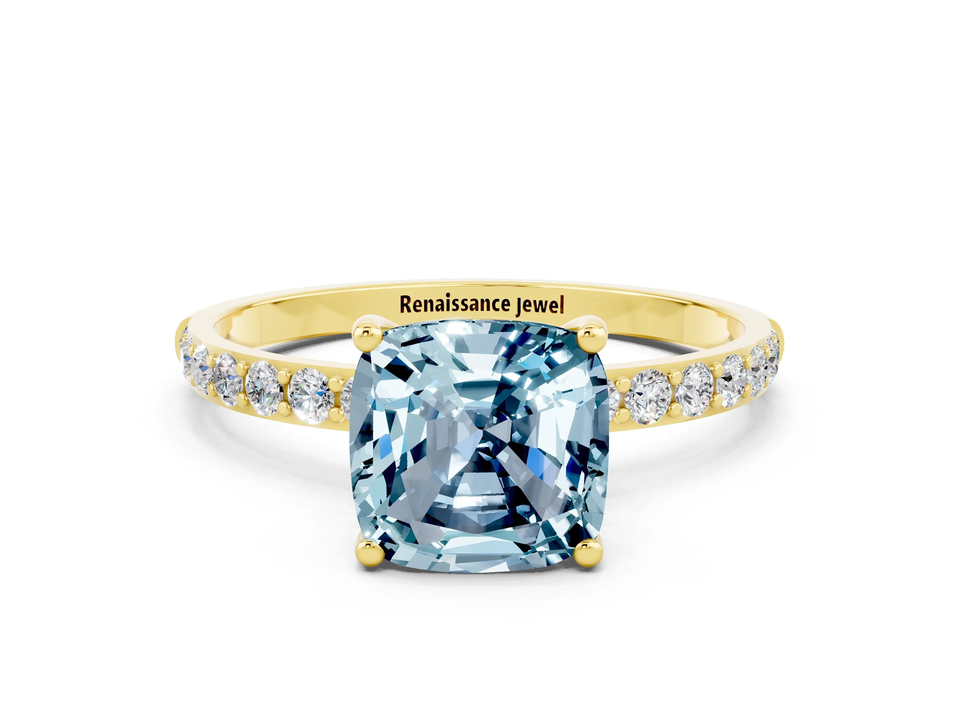 Yellow gold Cushion Cut Aquamarine Solitaire Ring with Pave Band and Four Prong Setting_24