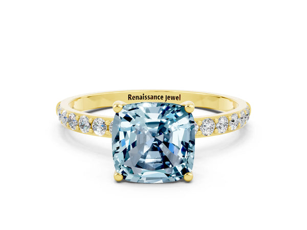 Yellow gold Cushion Cut Aquamarine Solitaire Ring with Round  Pavé Band and Prong Setting