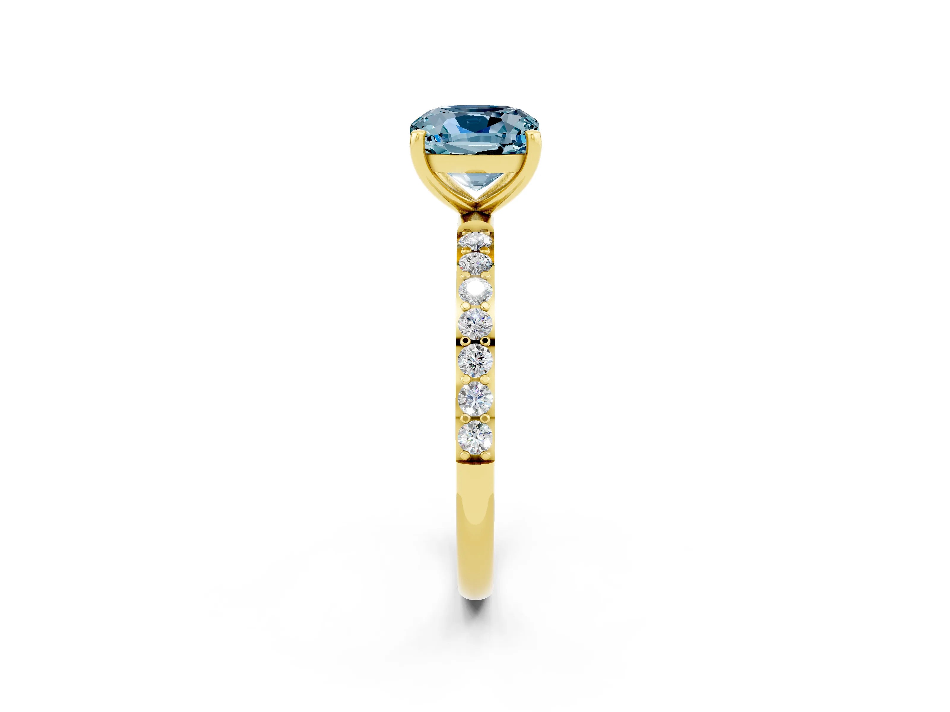 Yellow gold Cushion Cut Aquamarine Solitaire Ring with Pave Band and Four Prong Setting_26
