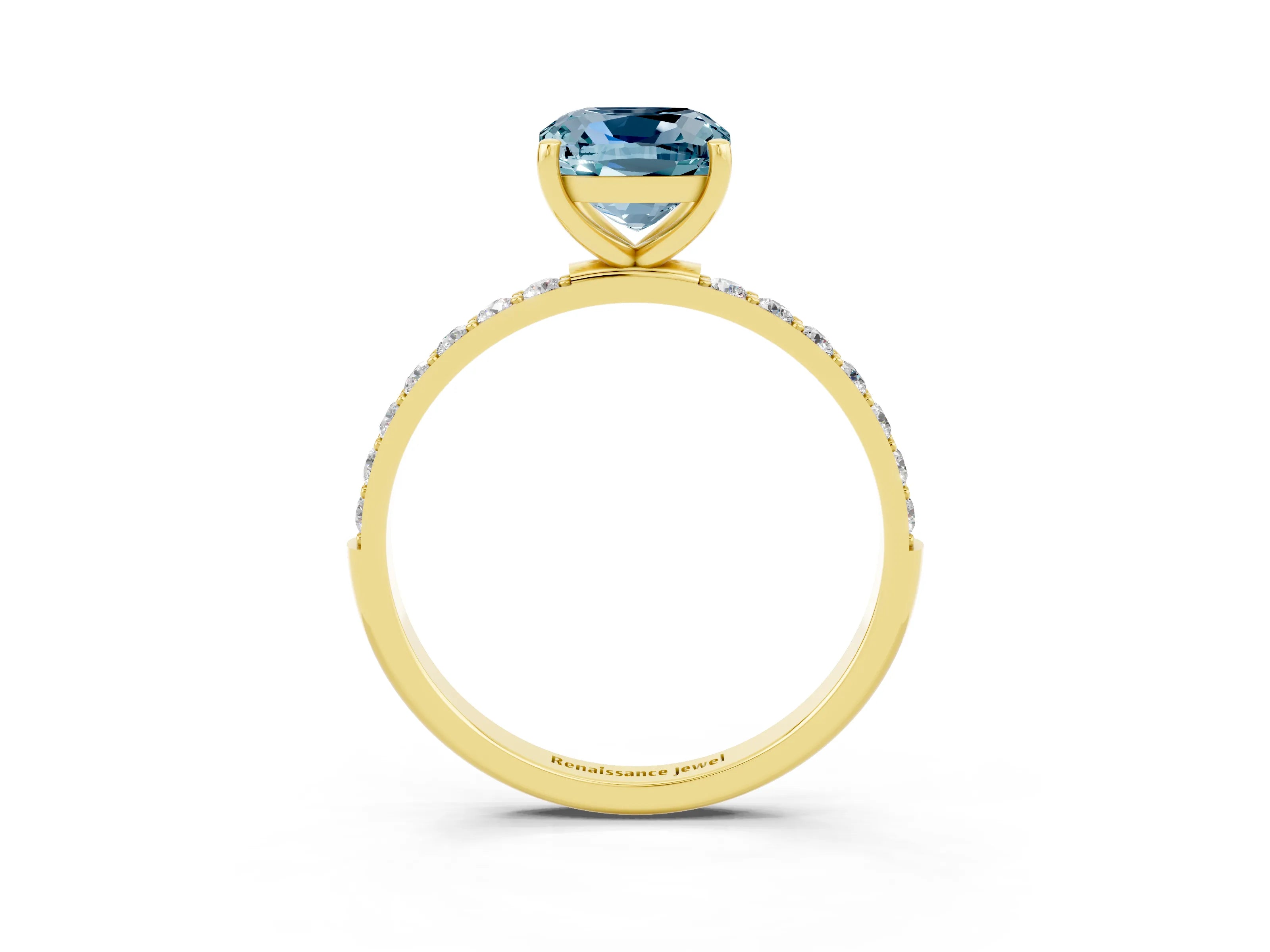 Yellow gold Cushion Cut Aquamarine Solitaire Ring with Pave Band and Four Prong Setting_27