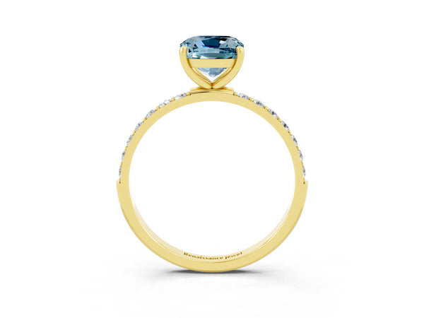 Yellow gold Cushion Cut Aquamarine Solitaire Ring with Round  Pavé Band and Prong Setting
