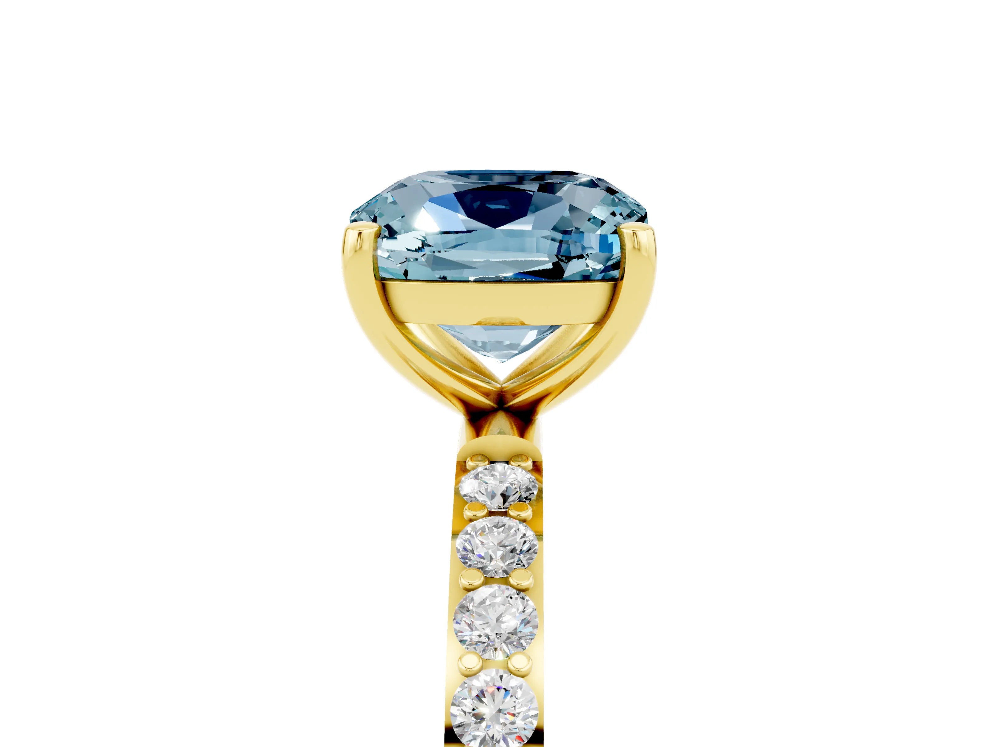 Yellow gold Cushion Cut Aquamarine Solitaire Ring with Pave Band and Four Prong Setting_29