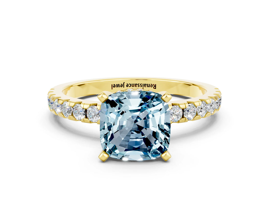 Yellow gold Cushion Cut Aquamarine Solitaire Ring with Round  Pavé Band and Four-Prong Setting_36