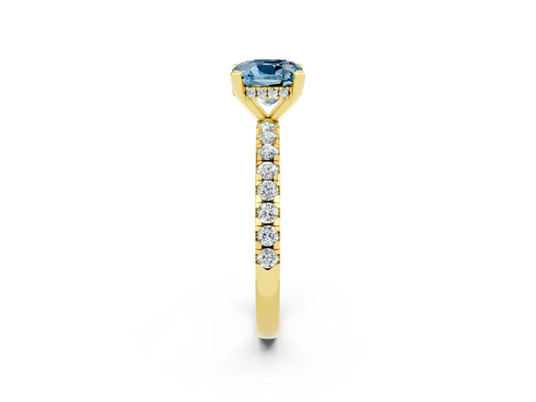 Yellow gold Cushion Cut Aquamarine Solitaire Ring with Round Pavé Band and Four-Prong Setting