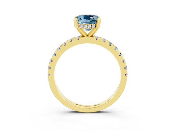 Yellow gold Cushion Cut Aquamarine Solitaire Ring with Round Pavé Band and Four-Prong Setting