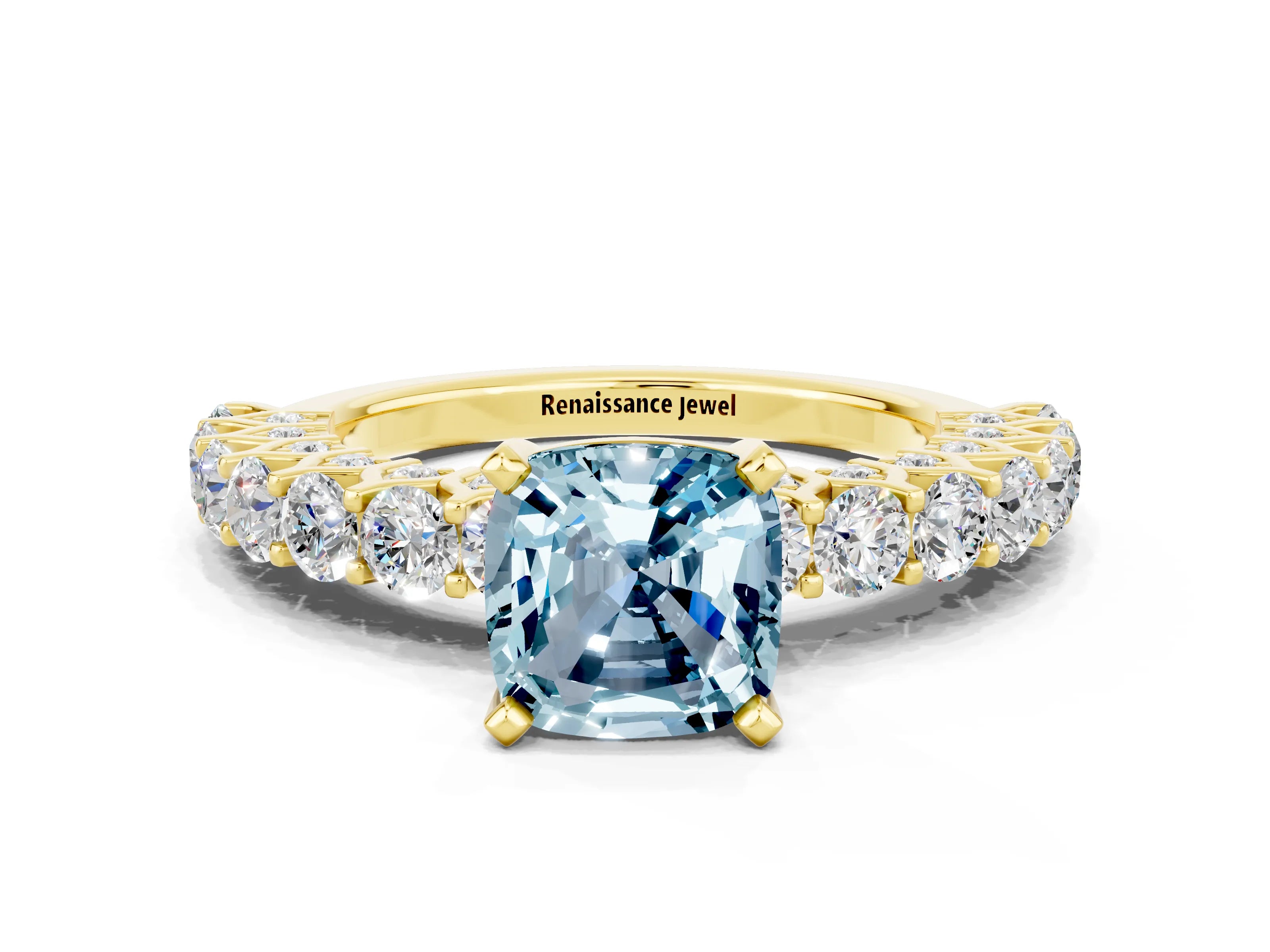 Yellow gold Cushion Cut Aquamarine Solitaire Ring with Shared Prong Pavé Band and Four-Prong Setting