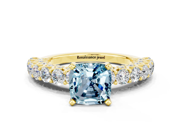 Yellow gold Cushion Cut Aquamarine Solitaire Ring with Shared Prong Pavé Band and Four-Prong Setting