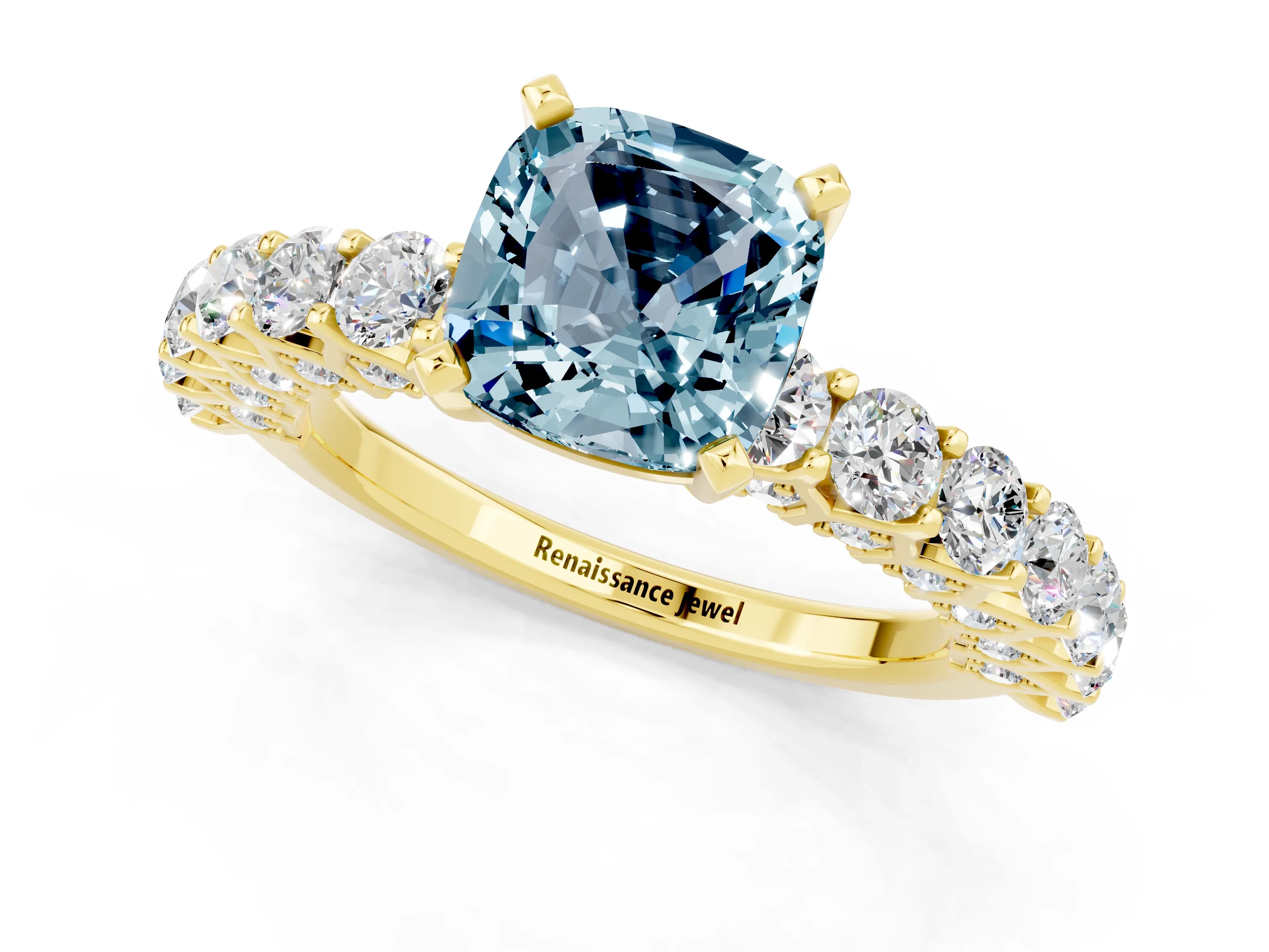 Yellow gold Cushion Cut Aquamarine Solitaire Ring with Shared Prong Pavé Band and Four-Prong Setting_1