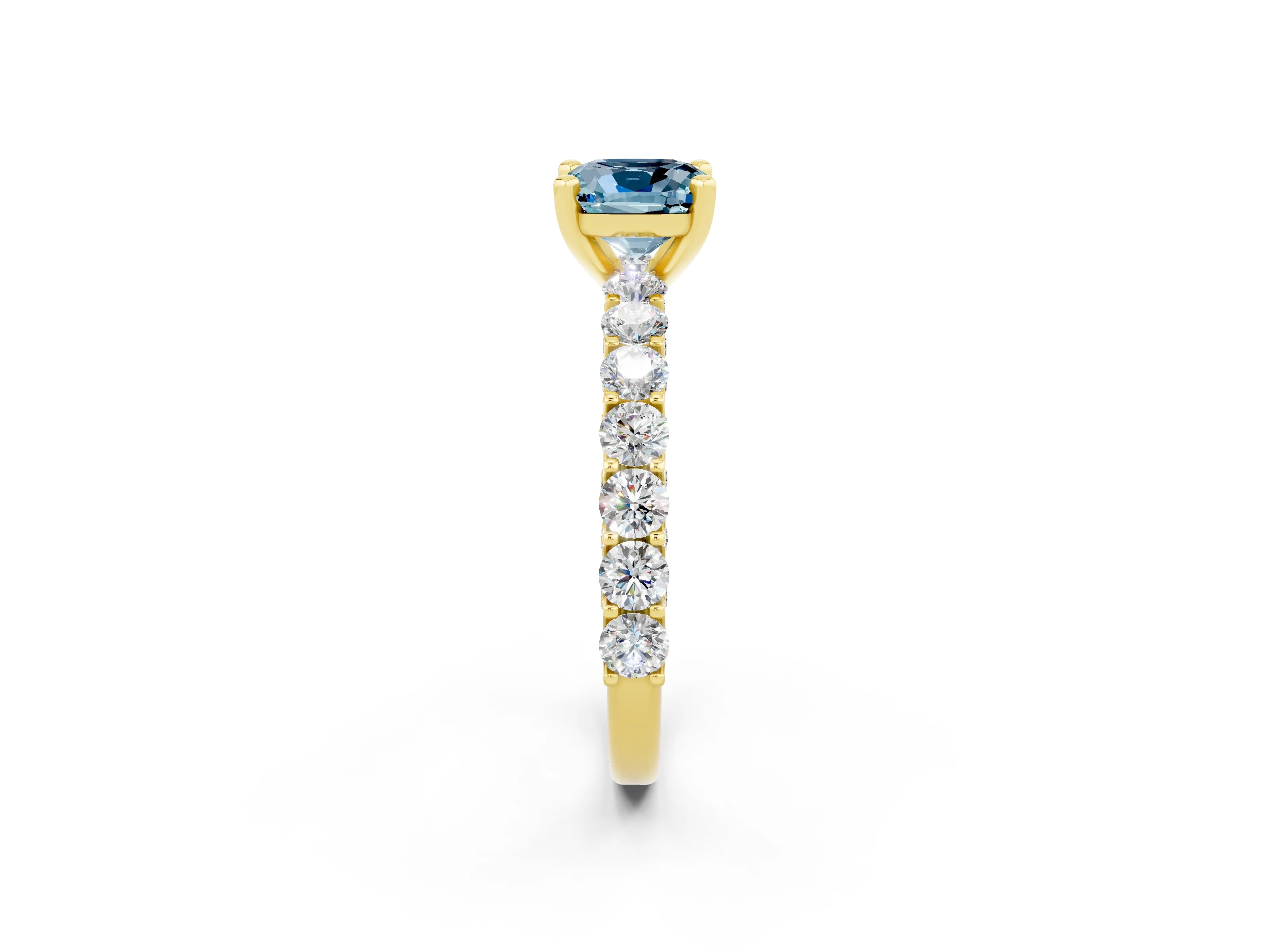 Yellow gold Cushion Cut Aquamarine Solitaire Ring with Shared Prong Pavé Band and Four-Prong Setting_2