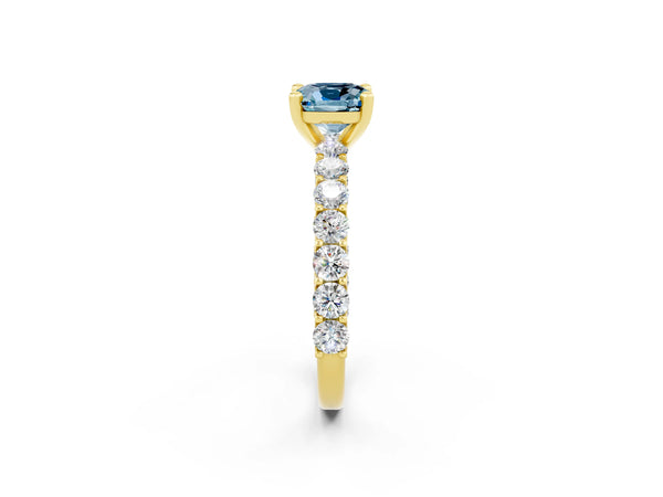 Yellow gold Cushion Cut Aquamarine Solitaire Ring with Shared Prong Pavé Band and Four-Prong Setting