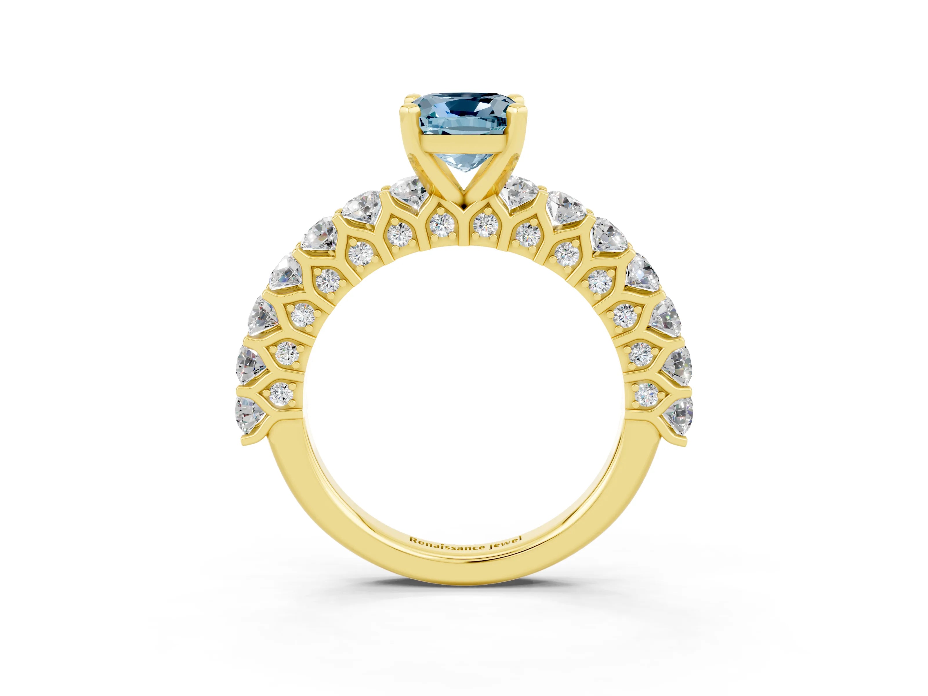 Yellow gold Cushion Cut Aquamarine Solitaire Ring with Shared Prong Pavé Band and Four-Prong Setting_3