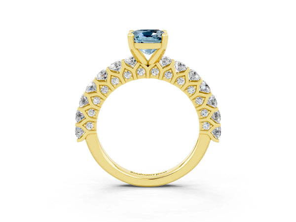 Yellow gold Cushion Cut Aquamarine Solitaire Ring with Shared Prong Pavé Band and Four-Prong Setting