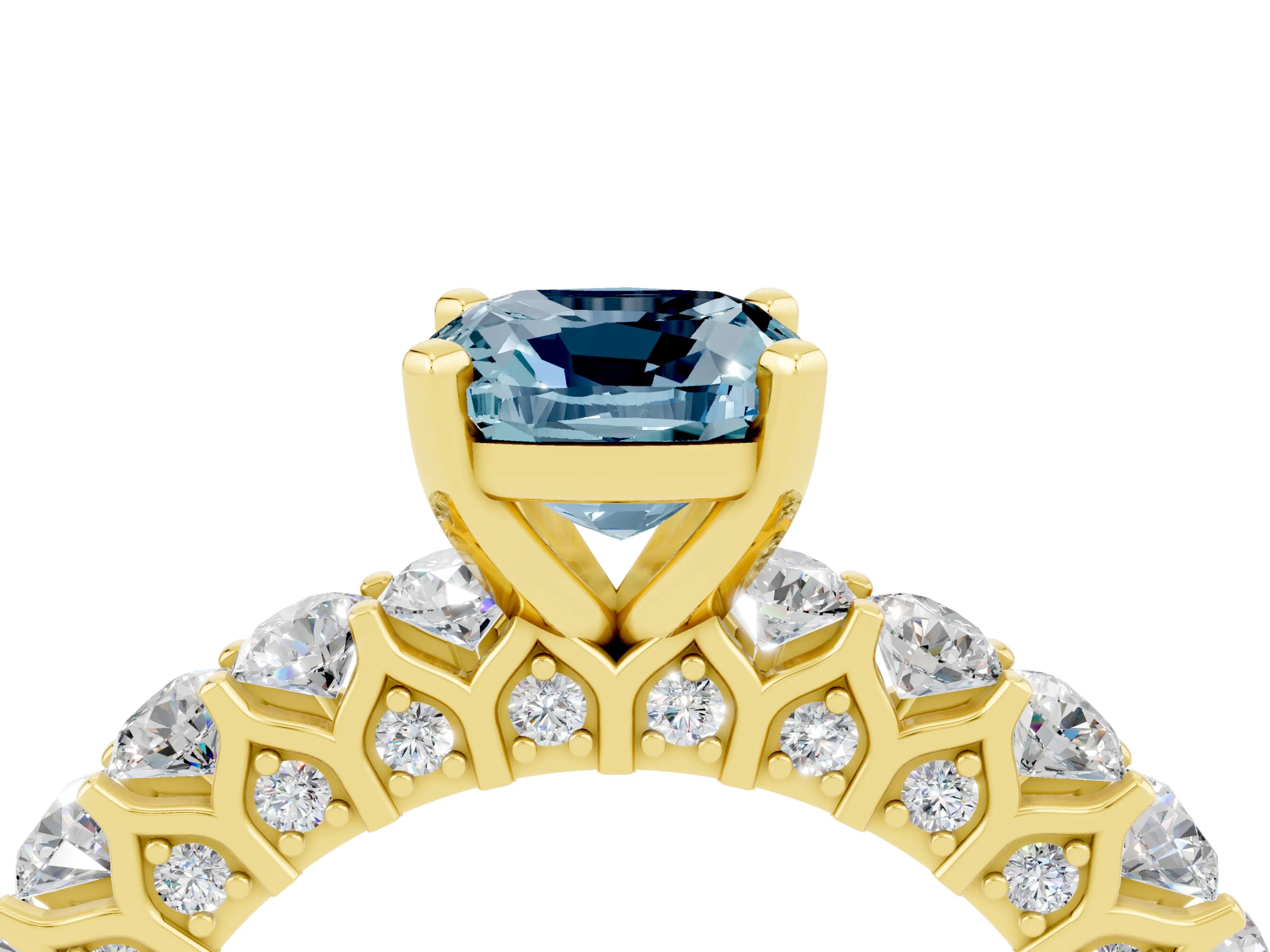 Yellow gold Cushion Cut Aquamarine Solitaire Ring with Shared Prong Pavé Band and Four-Prong Setting_4