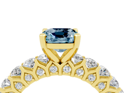 Yellow gold Cushion Cut Aquamarine Solitaire Ring with Shared Prong Pavé Band and Four-Prong Setting_4