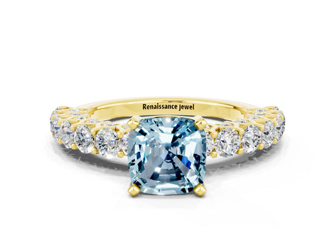 Yellow gold Cushion Cut Aquamarine Solitaire Ring with Shared Prong Pavé Band and Four-Prong Setting