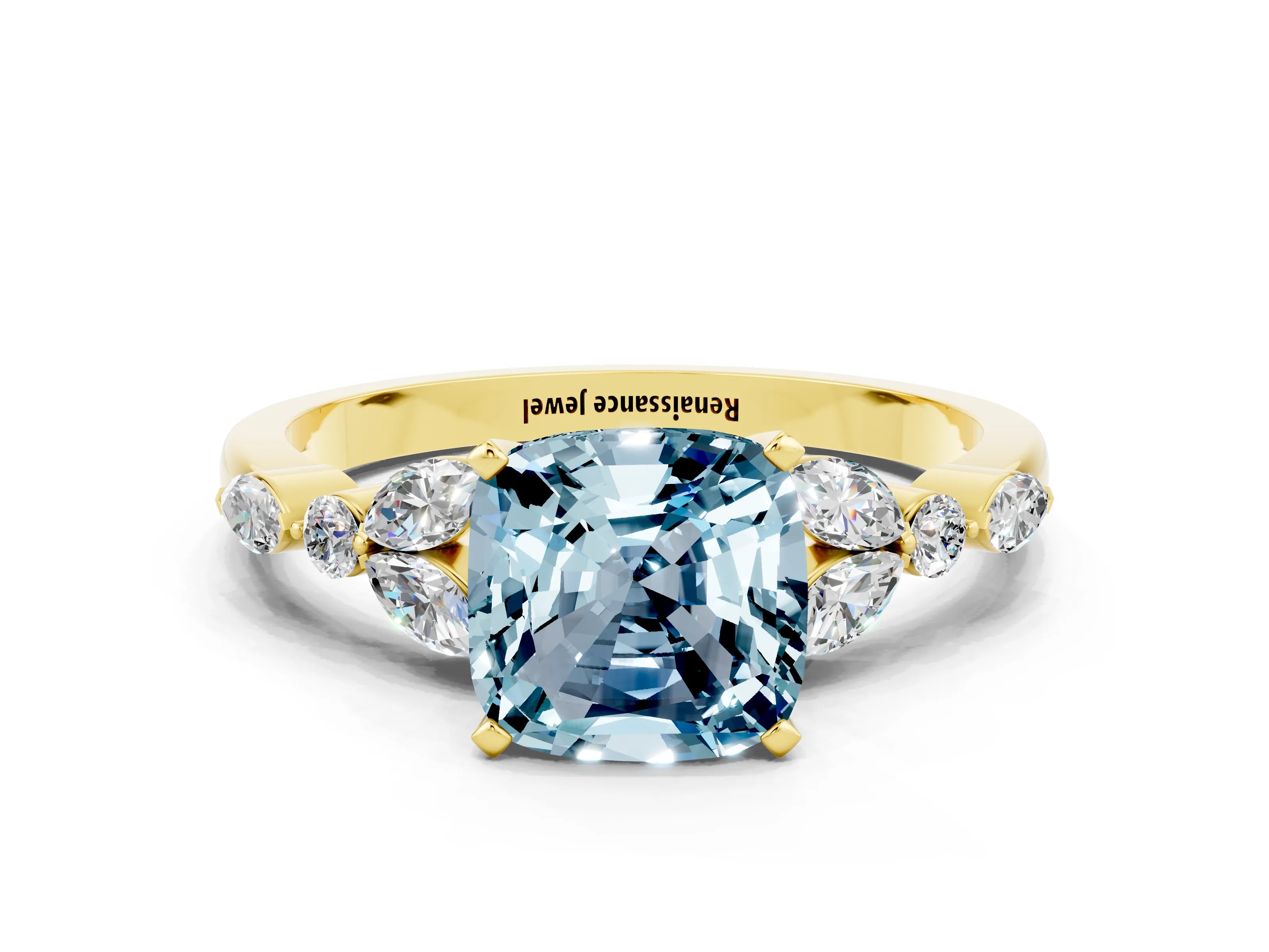 Yellow gold Cushion Cut Aquamarine Solitaire Ring with Side Stones and Four-Prong Setting_12