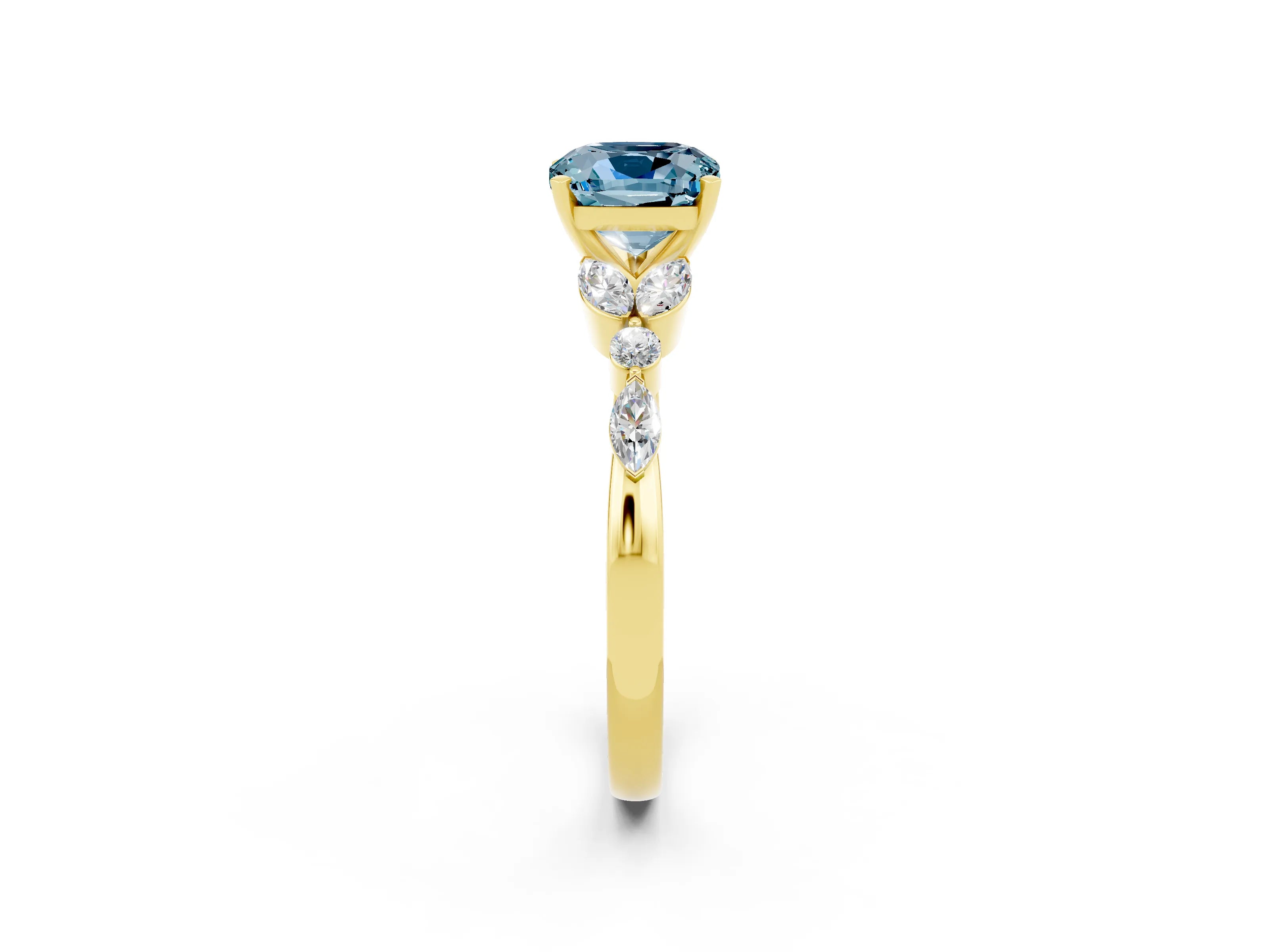 Yellow gold Cushion Cut Aquamarine Solitaire Ring with Side Stones and Four-Prong Setting_14