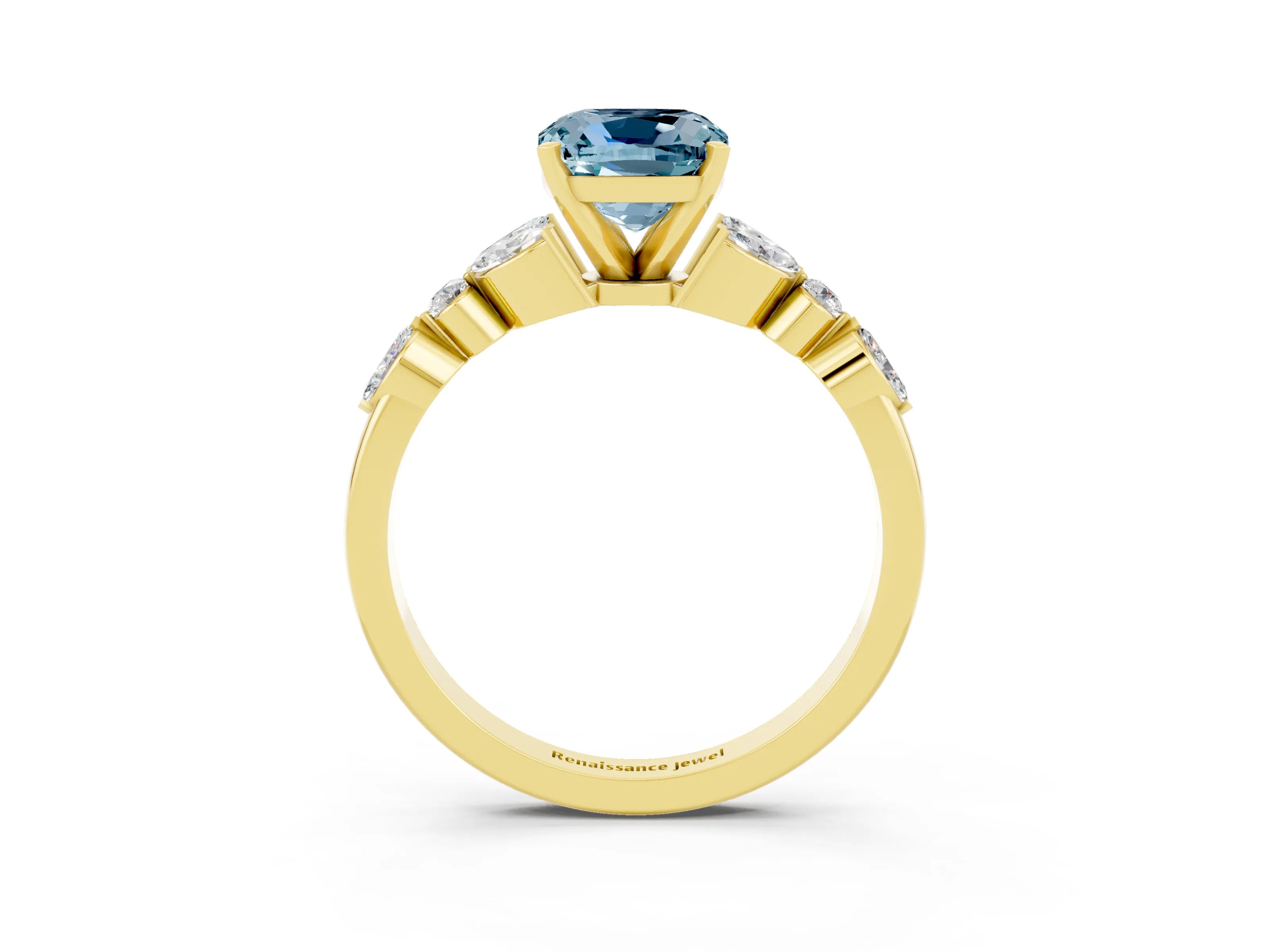 Yellow gold Cushion Cut Aquamarine Solitaire Ring with Side Stones and Four-Prong Setting_15