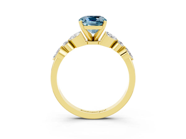 Yellow gold Cushion Cut Aquamarine Solitaire Ring with Side Stones and Four-Prong Setting