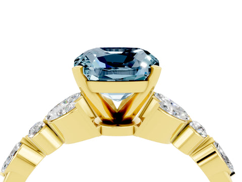 Yellow gold Cushion Cut Aquamarine Solitaire Ring with Side Stones and Four-Prong Setting_16
