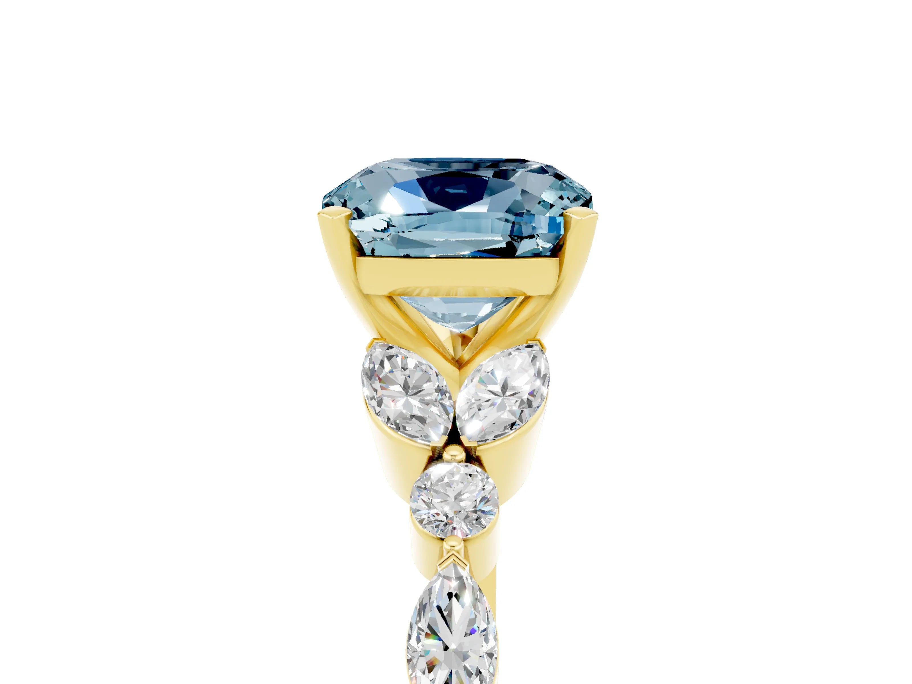 Yellow gold Cushion Cut Aquamarine Solitaire Ring with Side Stones and Four-Prong Setting_17