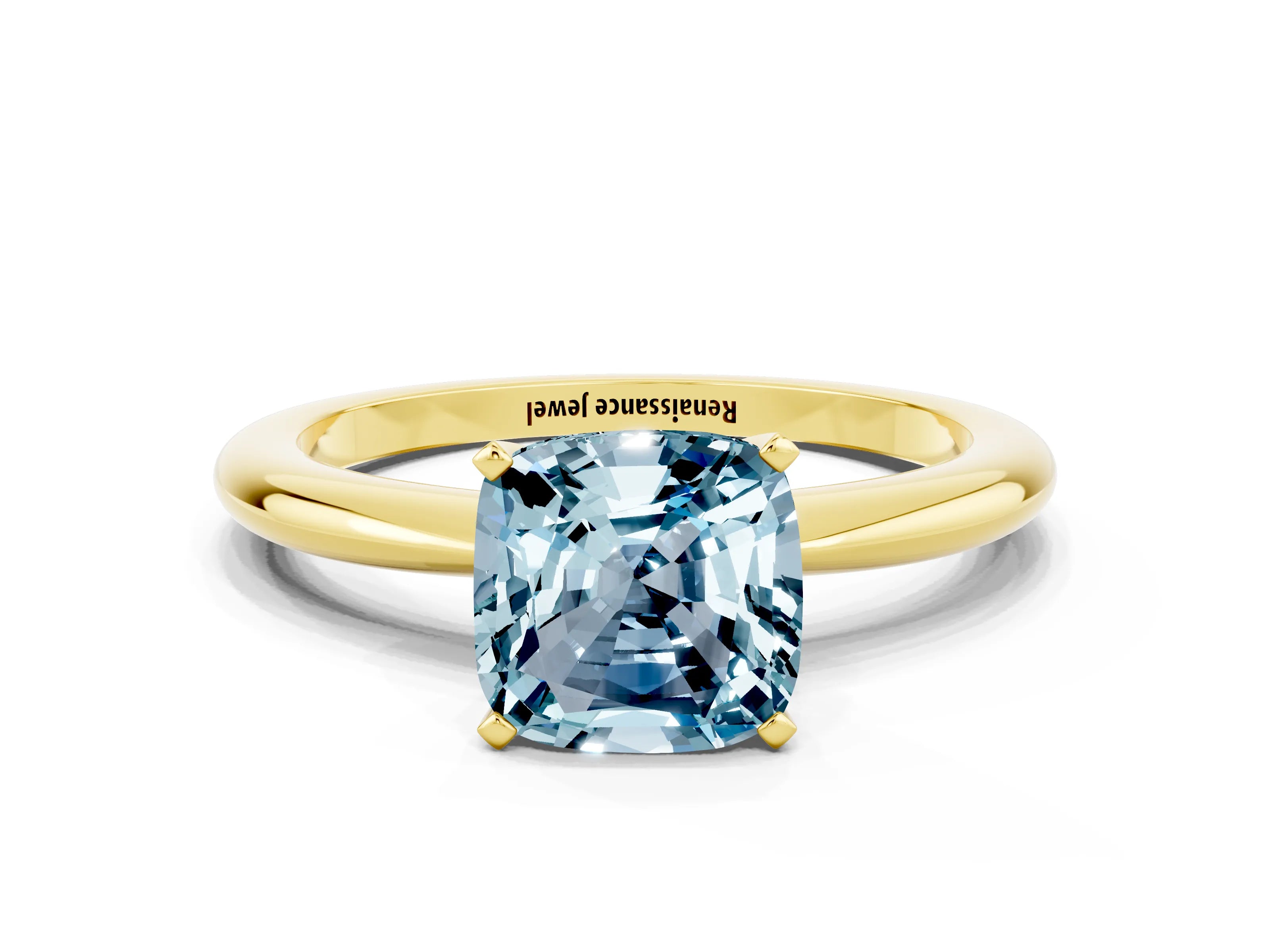 Yellow gold Cushion Cut Aquamarine Solitaire Ring with Six-Prong Setting and Classic Band