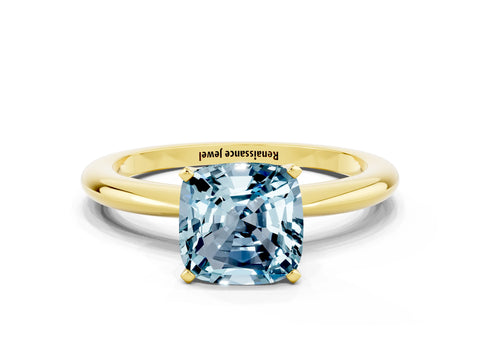 Yellow gold Cushion Cut Aquamarine Solitaire Ring with Six-Prong Setting and Classic Band
