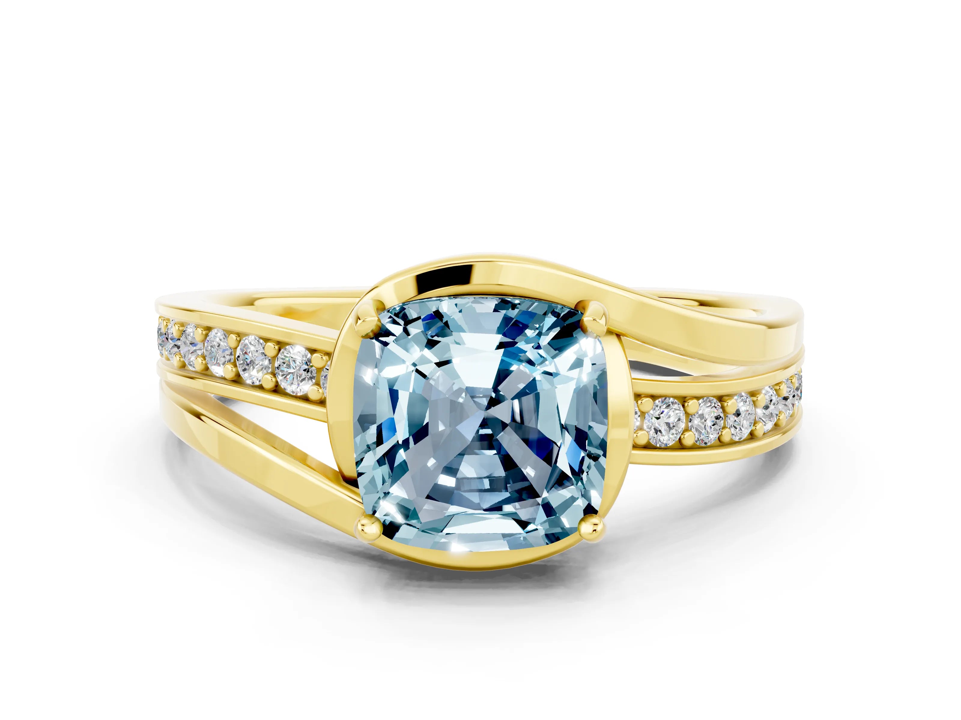 Yellow gold Cushion Cut Aquamarine Solitaire Ring with Split Shank and Prong Setting