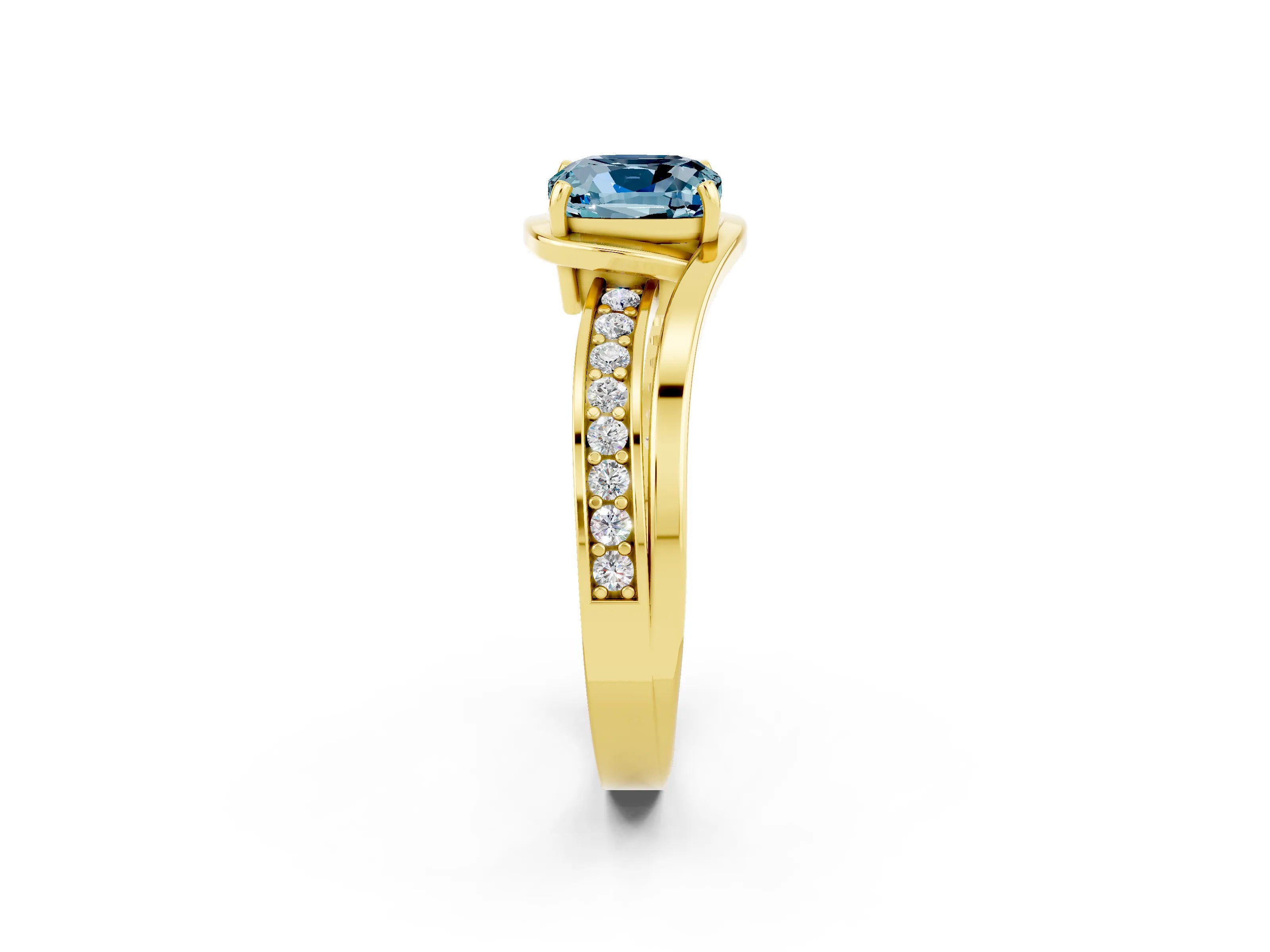 Yellow gold Cushion Cut Aquamarine Solitaire Ring with Split Shank and Prong Setting_2