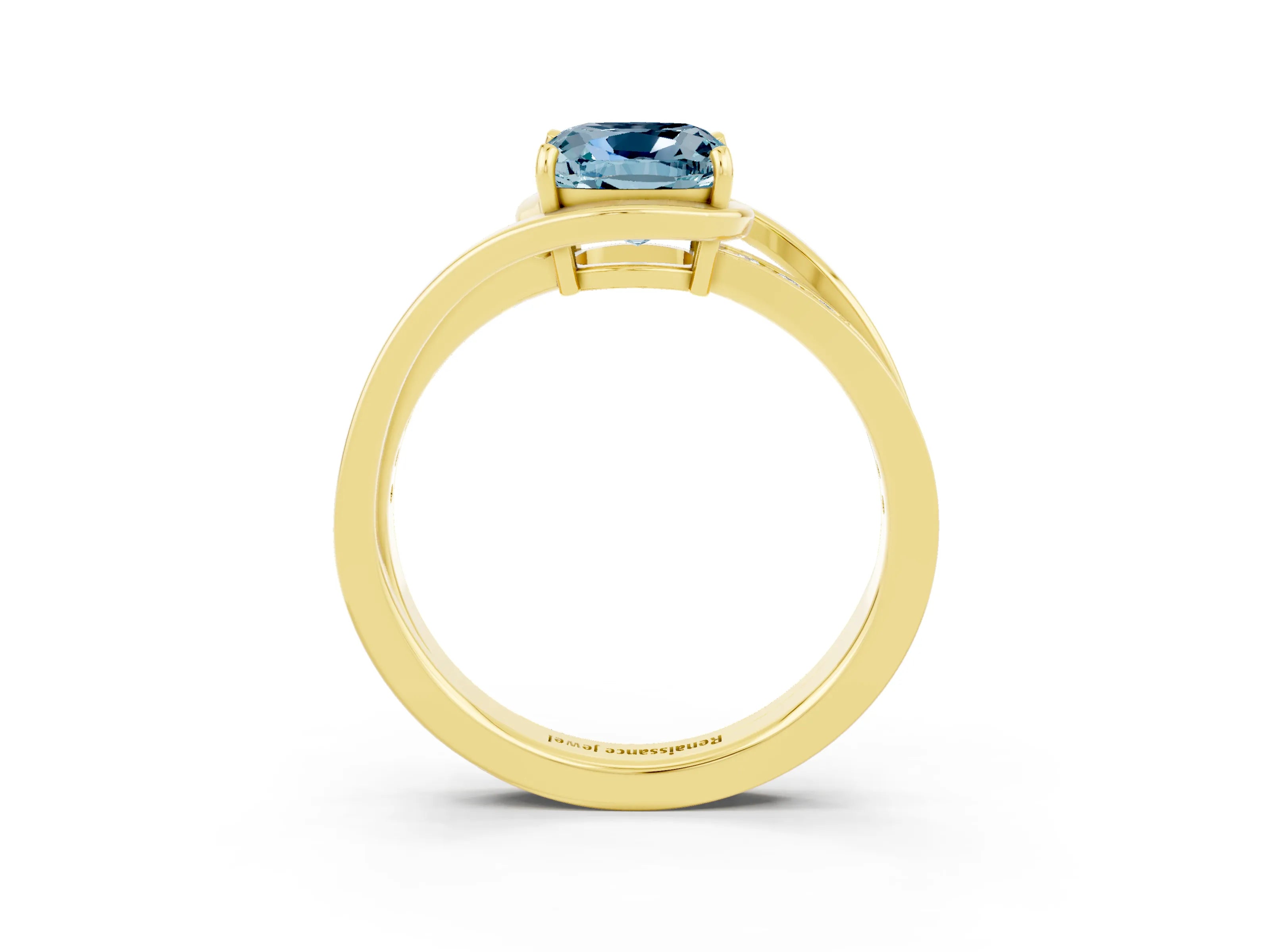 Yellow gold Cushion Cut Aquamarine Solitaire Ring with Split Shank and Prong Setting_3